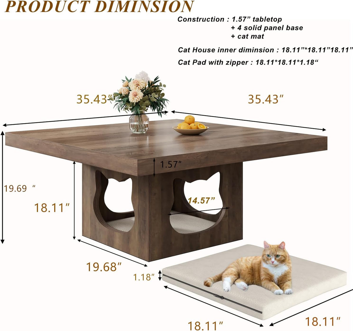 HSH Vierkante salontafel, rustieke houten salontafel voor woonkamer, boerderij middentafel met kattenhuiskussen, industriële opslag cocktailtafel voor thuiskantoor, slaapkamer, rustiek eiken, 90 cm