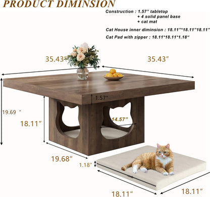 HSH Vierkante salontafel, rustieke houten salontafel voor woonkamer, boerderij middentafel met kattenhuiskussen, industriële opslag cocktailtafel voor thuiskantoor, slaapkamer, rustiek eiken, 90 cm