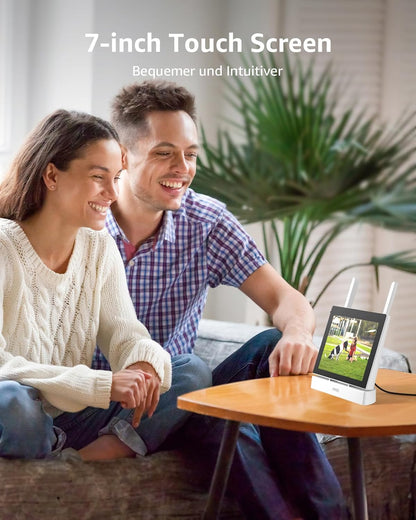 ANNKE Bewakingscameraset met monitor, 5 MP 4CH 7 inch touchscreen, NVR-beeldscherm met 2 stuks 5 MP wifi-camera, 2-weg audio, persoonsherkenning, 30 m nachtzicht, app- en e-mailalarm, 64 GB SD-kaart