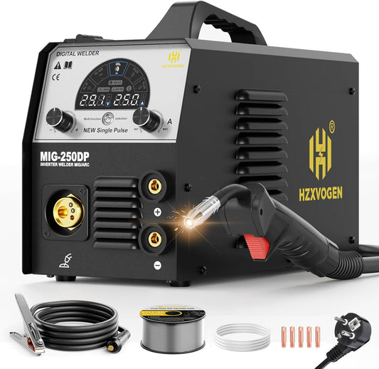 H HZXVOGEN 250A Aluminiumlasapparaat, 230V 5-in-1 professioneel lasapparaat met gas-/gevuld draad MIG/BOOG/TIG/pulslassen, IGBT-inverterlasapparaat met LED-display, MIG250DP
