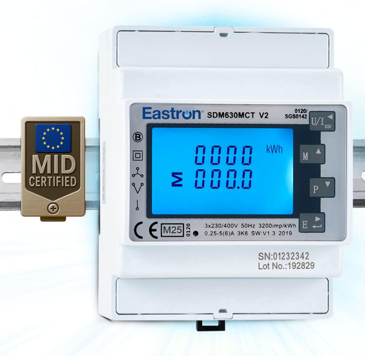 Eastron CT-gestuurde Din-rail driefasige MID-energiemeter en zonne-energiemonitor - 3P4W/3P3W/1P2W - Multi-meet zonnemonitor - 2 pulsuitgangen - 4 module 72 mm breed (SDM630MCT-MODBUS-MID)