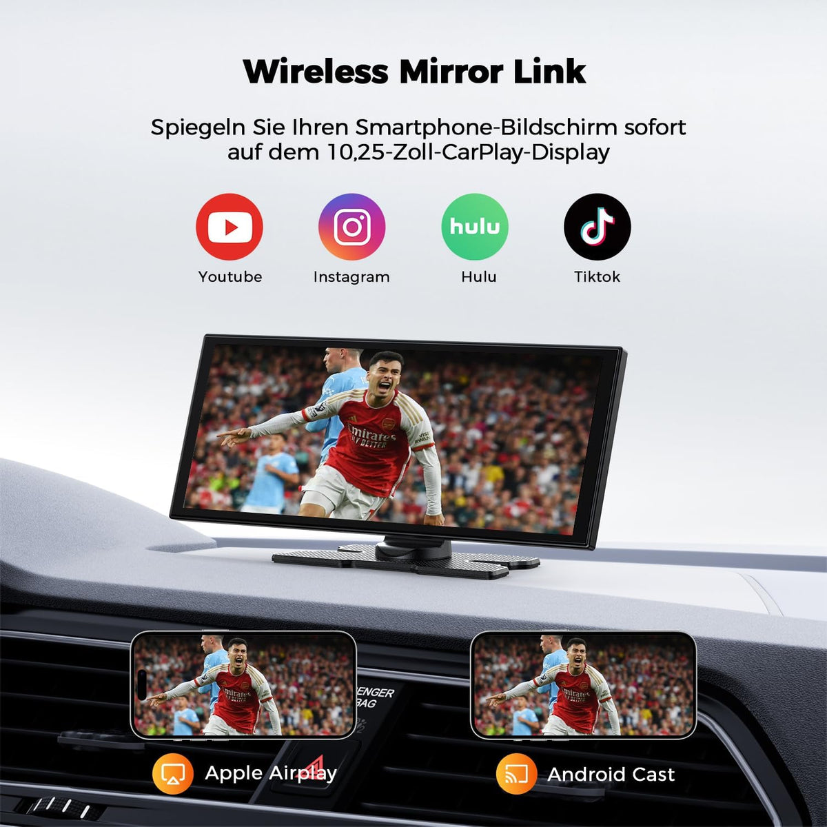 10,25" Draadloos Carplay-scherm Voor Auto Met 2,5K + 1080P Dashcam En Achteruitrijcamera Ondersteunt AppIe Carplay En Android Auto Draagbare Carplay Spraakassistent Mirrorlink Navigatie Bluetooth AUX