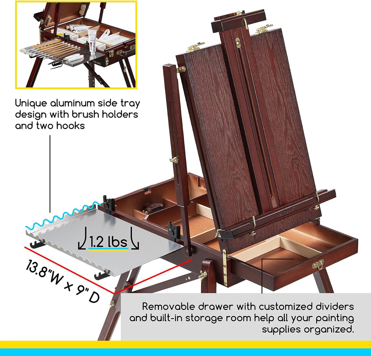 Sketchbox-Ezel Walnoot – Schildersezel, Tekenezel, Tafel-Ezel, Driepoot-Ezel – Massief Beukenhout – Dubbele Lades En Antislip Voetjes