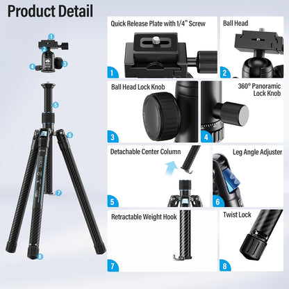 SIRUI Reisstatief van koolstofvezel met 360 ° kogelkop, 151,9 cm compact camerastatief met snelsluiting, omgekeerde inklapbare poten, omkeerbare middenkolom, max. belasting 7,7 kg - Traveler X-III
