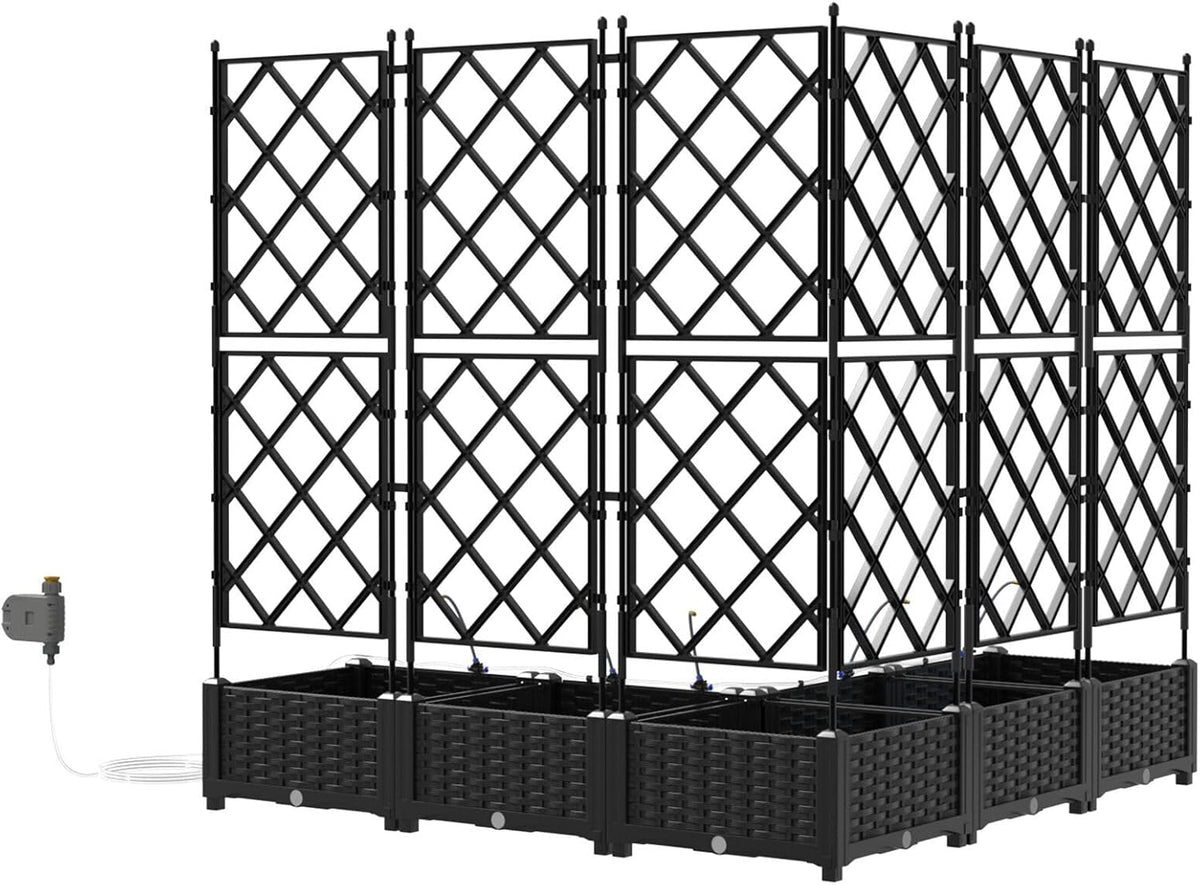 Rectangular Flower Box with Trellis and Irrigation System, Black for Garden, Balcony, Indoor and Outdoor Use, Material: Plastic, Waterproof, Modern Design - QUORE