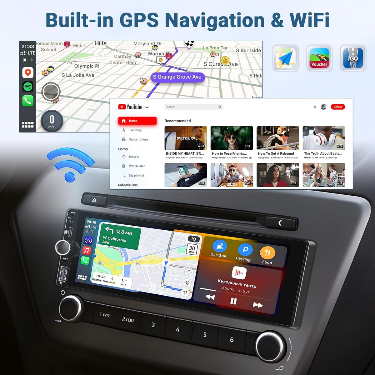 2+64GB Android 1 Din Autoradio Draadloze Carplay Android Auto, 6,9 Inch Touch Screen Display GPS Navi Radio met Bluetooth Mirror Link WiFi FM RDS USB Achteruitrijcamera