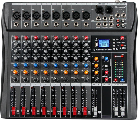 Bluetooth USB audiomixer – Mengpaneel – Mengtafel – Soundboard – DJ mixer – 8-kanaals zwart – Bluetooth streaming – 48V fantoomvoeding