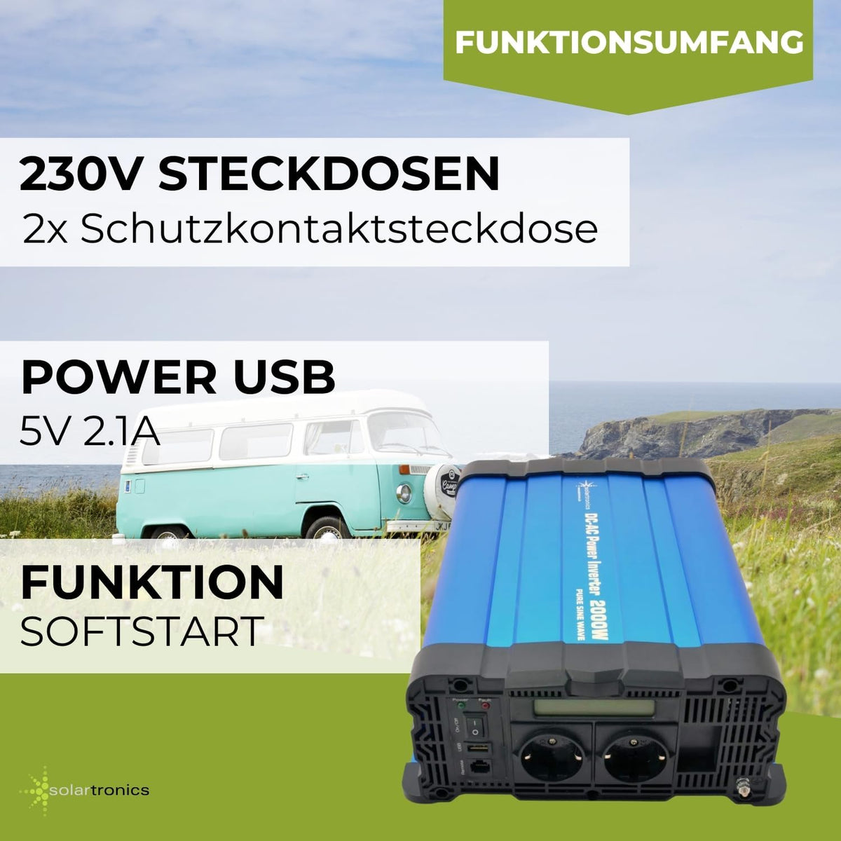 solartronics Spanningsomvormer FS2000D 24V 2000/4000 Watt Pure Sinus BLAUW m. Display FS Serie LiFePO4 / lithium, lood-, gel of AGM-batterij compatibel inverter omvormer