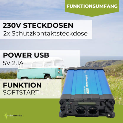 solartronics Spanningsomvormer FS2000D 24V 2000/4000 Watt Pure Sinus BLAUW m. Display FS Serie LiFePO4 / lithium, lood-, gel of AGM-batterij compatibel inverter omvormer