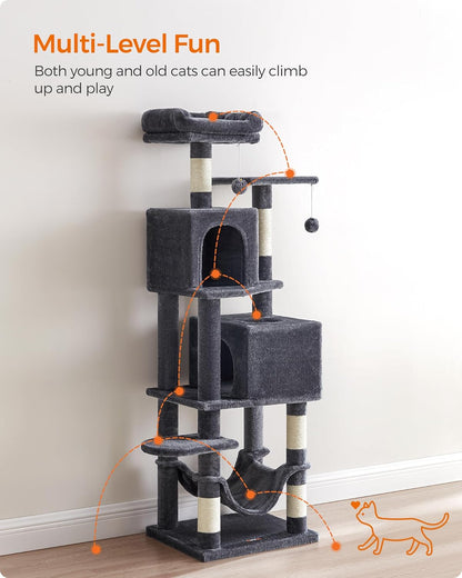 Krabpaal – Kattenboom – Klimpaal – Kattenmeubel – Krabmeubel – 155 cm Hoog – Met 5 Sisal Krabkolommen & 2 Knusse Kattenholletjes