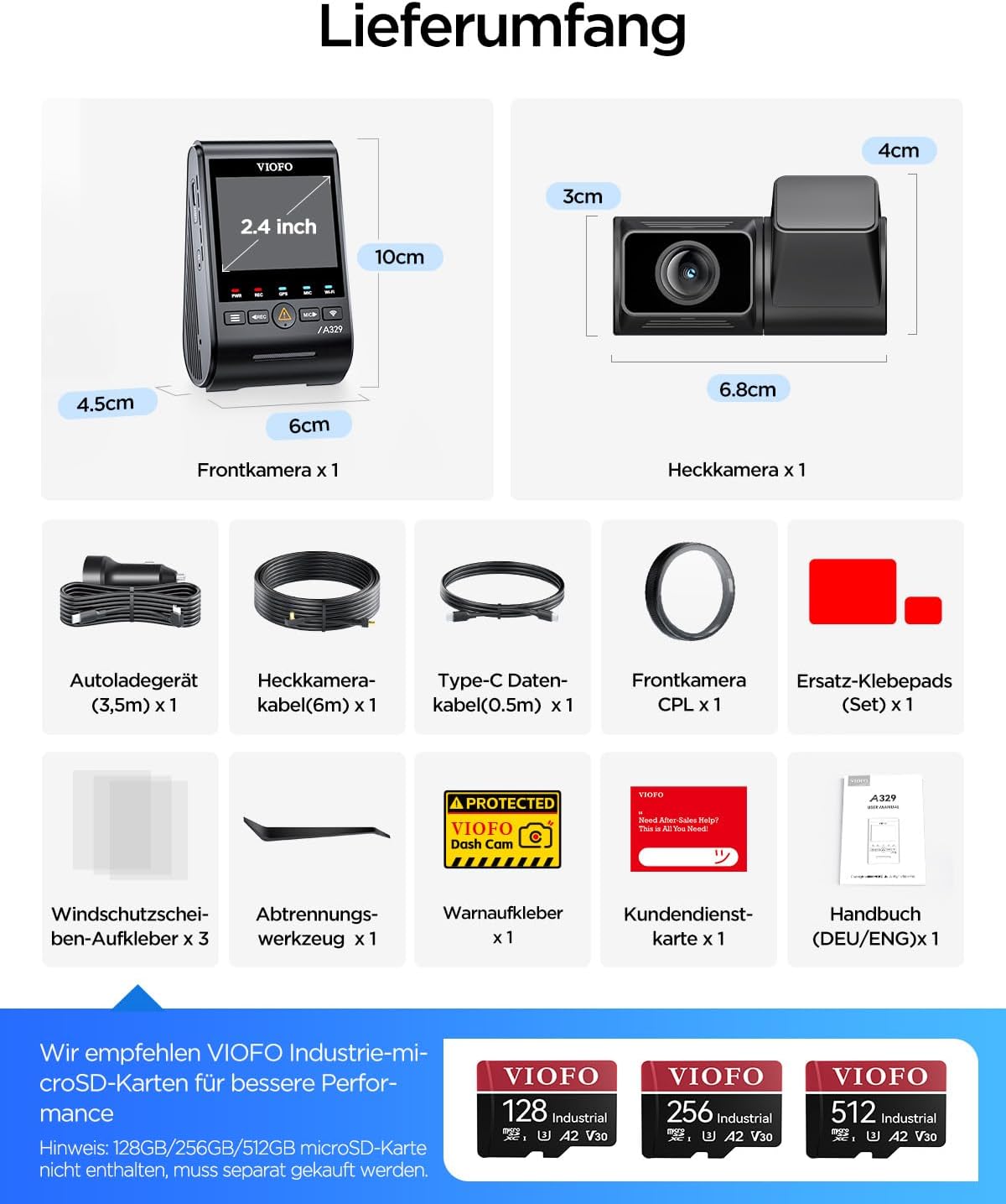 VIOFO A329S 2CH 4K 60FPS dashcam voor achter, 4K + 2K Dual dashcam auto, geüpgraded energiebesparende parkeermodus, wifi 6 en app-bediening, Dual Starvis 2 autocamera, nachtzicht/HDR 2.0, optioneel 4