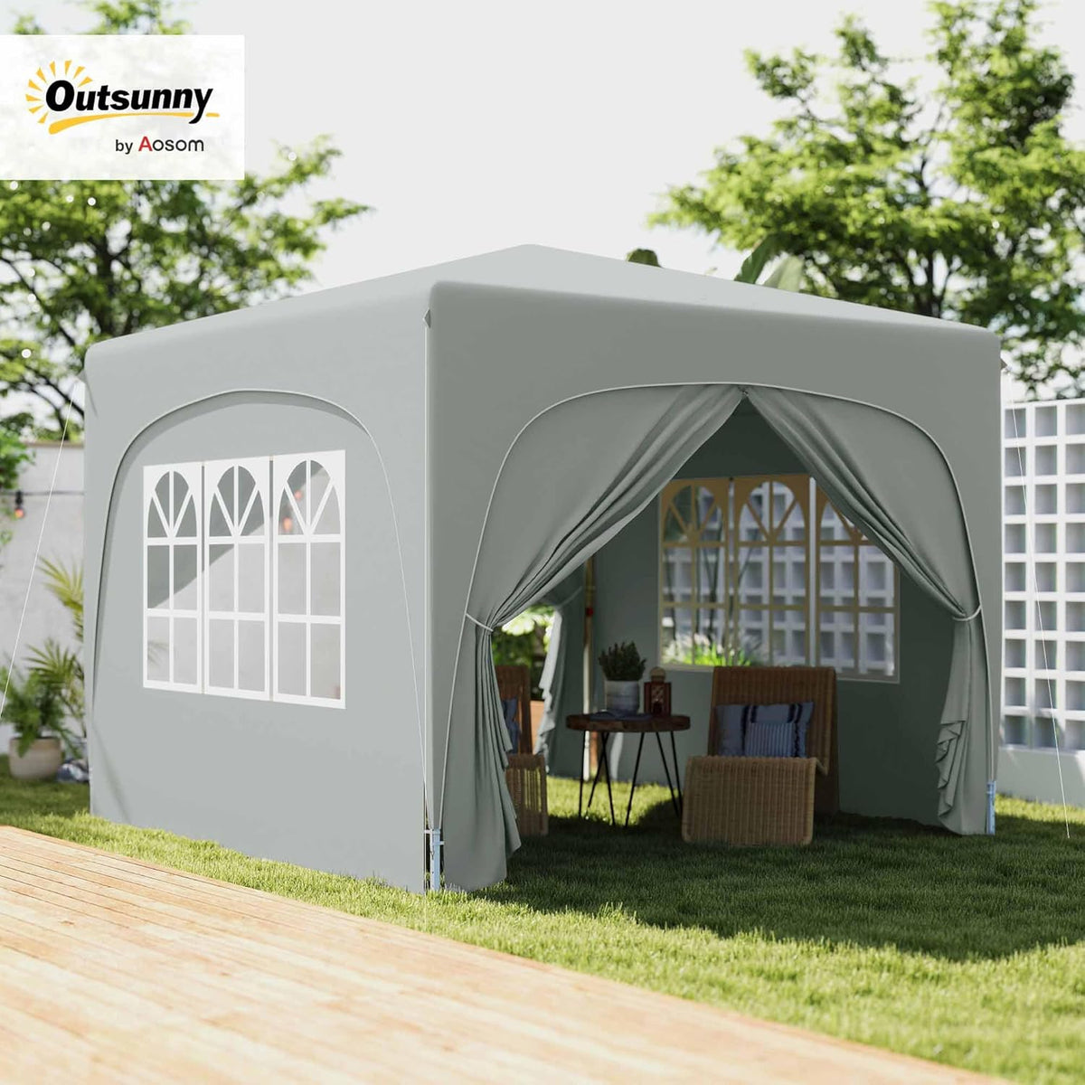 Outsunny Pavillon 3x3m, wasserabweisend Stabil Winterfest Pop-up Faltpavillon, UV Schutz 50+, Faltbar Partyzelt Gartenzelt mit 4 Seitenteilen Tasche Gartenpavillon für Camping Garten, Hellgrau - QUORE