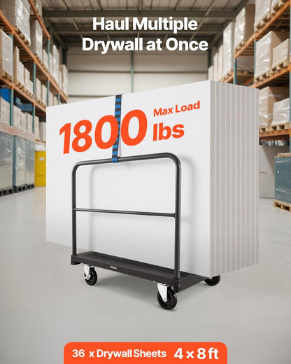 VEVOR Drywall Trolley Load Capacity 810 kg Steel Plates 12.5 mm Casters Platform 91.5 x 61 cm 4 Side Rails for Factory Garage Black