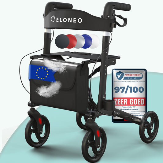 ELONEO Lichtgewicht Rollator met Zitje - Opvouwbare Aluminium Rollator voor Senioren, 8 Verstelbare Hoogtes, 3-voudig Opvouwbaar Loophulpmiddel met Tas & Parapluhouder, Past in Auto (Zwart)