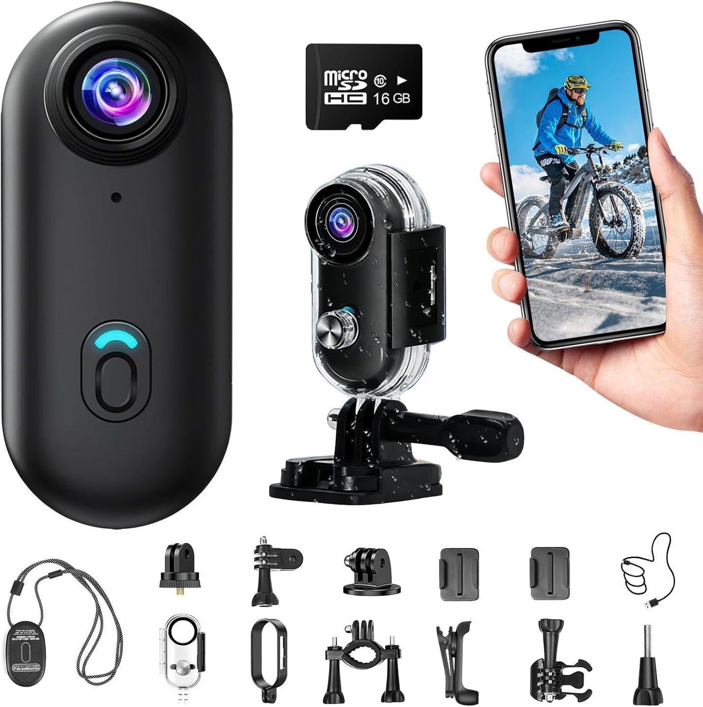 Actiecamera, wifi, 4K, waterdichte mini-actiecamera, mini-lichaamscamera, 120° motorhelmcamera met magnetische en meerdere houders, inclusief 16 GB SD-kaart