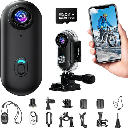 Actiecamera, wifi, 4K, waterdichte mini-actiecamera, mini-lichaamscamera, 120° motorhelmcamera met magnetische en meerdere houders, inclusief 16 GB SD-kaart
