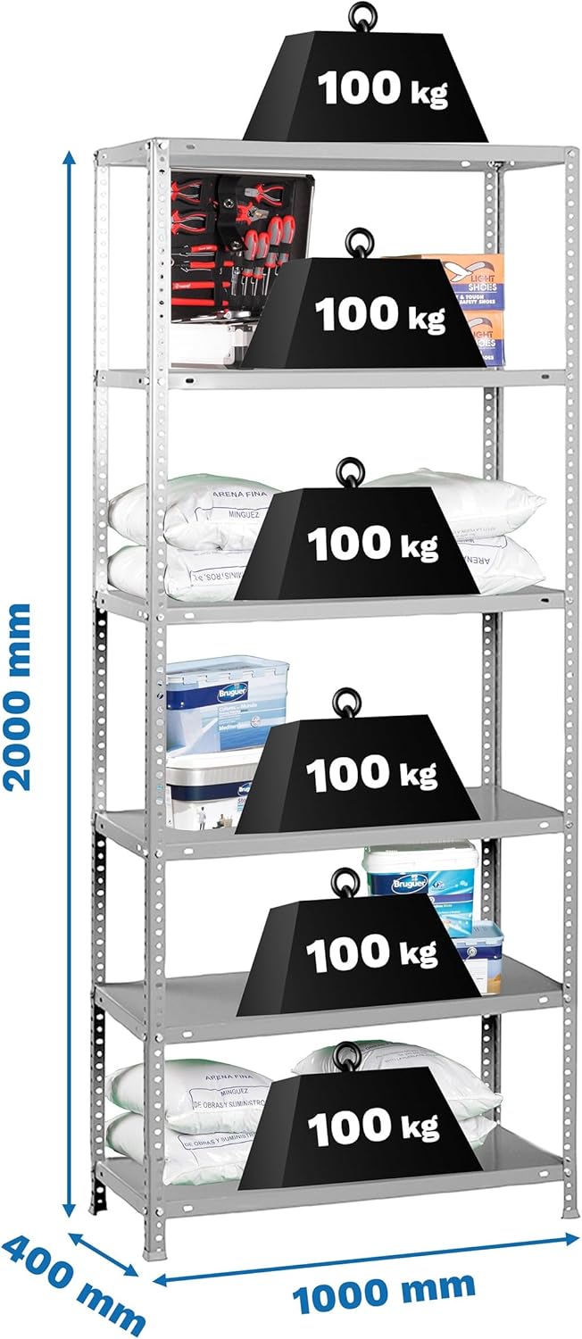 Simon Rack Stellingkast Metaal, 2000x1000x400 mm, Buigpunt 100, 6 Verstelbare Niveaus, Metalen Planken, Robuust Opslagrek voor Garage, Kelder en Werkplaats, Grijs – Simon Classic
