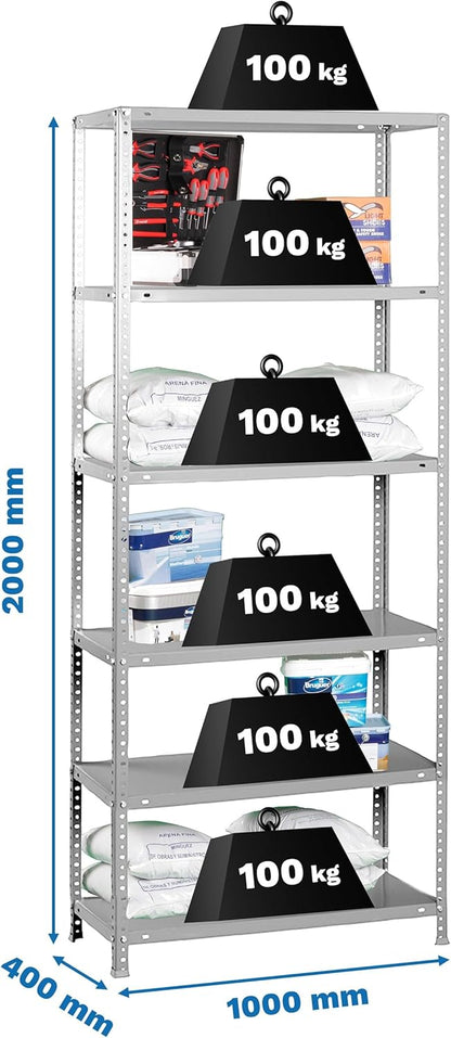 Simon Rack Stellingkast Metaal, 2000x1000x400 mm, Buigpunt 100, 6 Verstelbare Niveaus, Metalen Planken, Robuust Opslagrek voor Garage, Kelder en Werkplaats, Grijs – Simon Classic