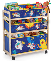 Opbergkast - Speelgoed Opbergbank - Kinderkast - 3-Tier Houten Opbergrek - 6 Afneembare Opbergbakken - met Wielen - Toy Storage - voor Binnen - Speelkamer - 64 x 28 x 60 cm - Blauw