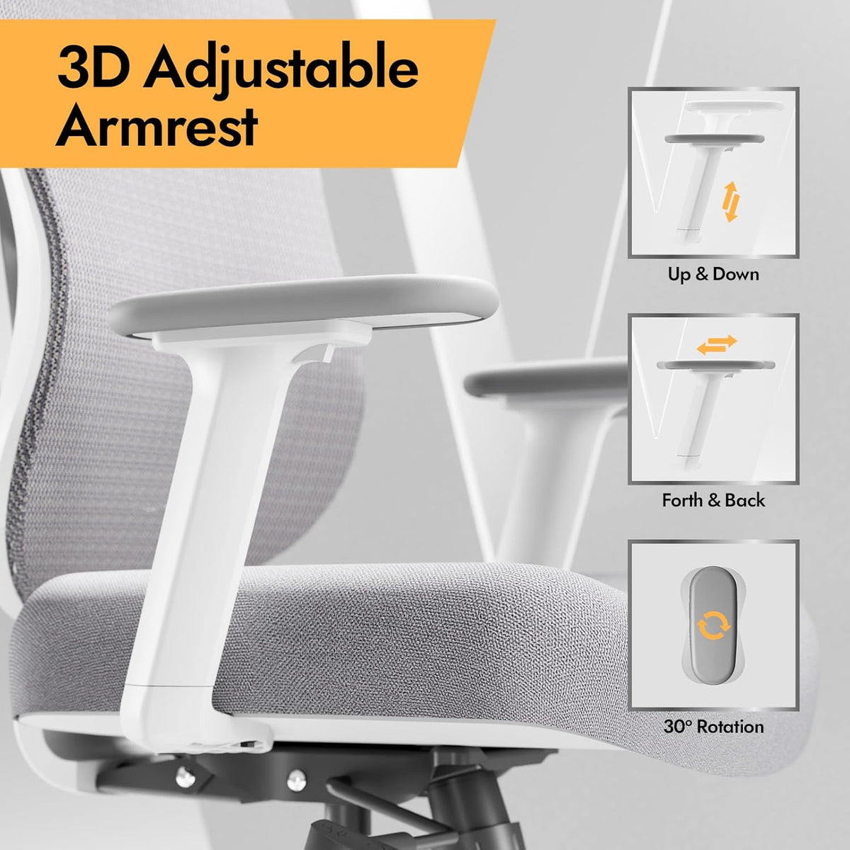 Ergonomische Bureaustoel – Bureaustoel kantoor – Werkstoel – Comfortstoel – Draaistoel – 3D-Lendensteun Verstelbaar – Verstelbare 3D-Armleuningen Wit