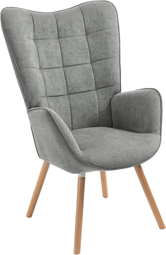 MEUBLE COSY Fauteuil, relaxstoel, leunstoelen, beklede stoel, bank, houten poten, oorstoel voor woonkamer, slaapkamer, kantoor, vanity, stof, grijs