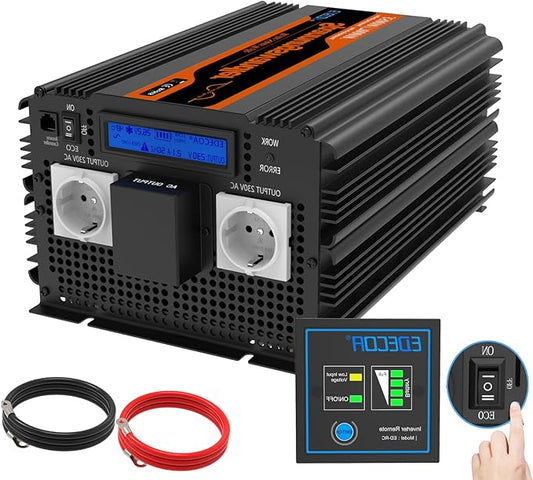 24V naar 230V Omvormer – Spanningsomzetter – Stroomconverter – Inverter – Zuivere Sinusgolf Omvormer – 3500W Continu Vermogen – Afstandsbediening met LCD Display - QUORE