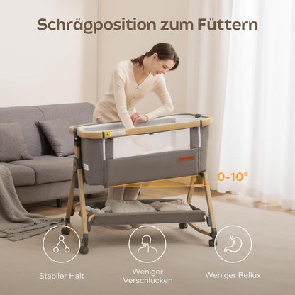 Maydolly Baby Cot,Baby Co-sleeper, 3 in 1 Cots, Bedroom Crib,Cot,High Quality Mattress ech Height Adjustment and Incline Adjustment, 4 Casters with Brake(Grey) - QUORE