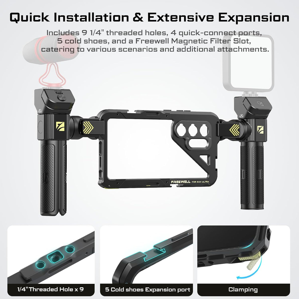 Freewell Genius Rig Cage voor Samsung S25 Ultra - gereedschapsvrije installatie, statief- en monopod-handgrepen, Bluetooth-afstandsbediening, flexibele bevestigingen voor professioneel filmen