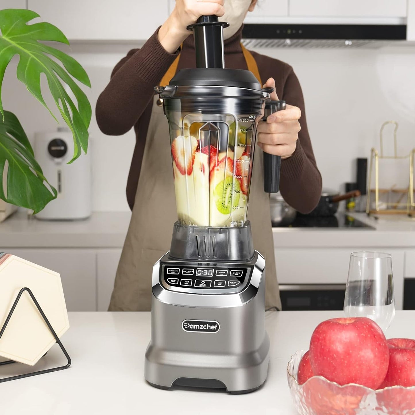 AMZCHEF 2 IN1 Blender met Kan van 1850 ml en 600 ml voor Twee Mengstanden - 2000 Watt Smoothie Blender met Stamper en 6 Professionele Messen 22000 Omwentelingen - Grijs