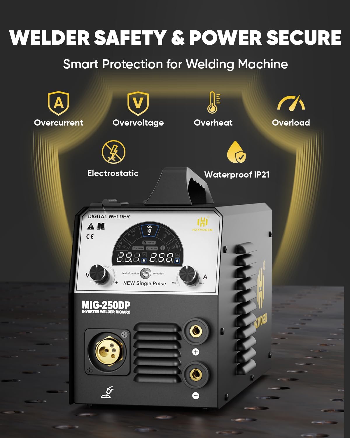 H HZXVOGEN 250A Aluminiumlasapparaat, 230V 5-in-1 professioneel lasapparaat met gas-/gevuld draad MIG/BOOG/TIG/pulslassen, IGBT-inverterlasapparaat met LED-display, MIG250DP