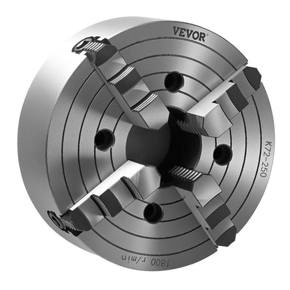 VEVOR 4 jaw lathe holder, 250 mm, lathe chuck, 15-250 mm clamping range with T-key fixing screws, reversible jaw, HT300 cast iron, internal external for wood-metal lathe