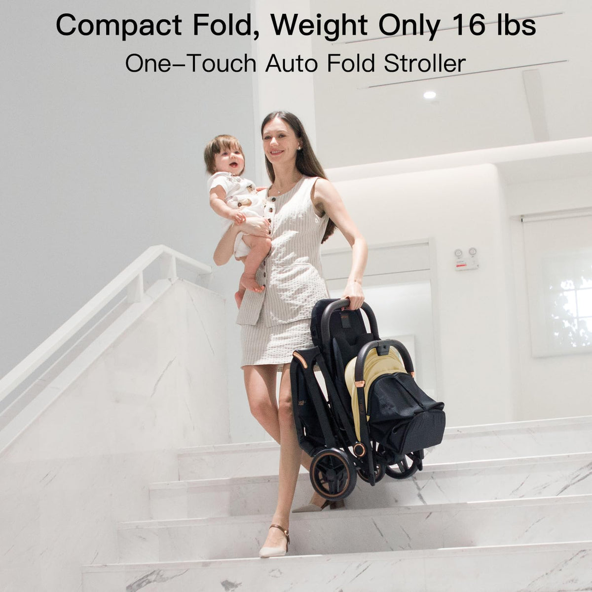 Gromast Gravity Opvouwbare babybuggy met verstelbare rugleuning en zonnedak, lichtgewicht en uv-bescherming, met één hand automatisch inklapbaar, beige