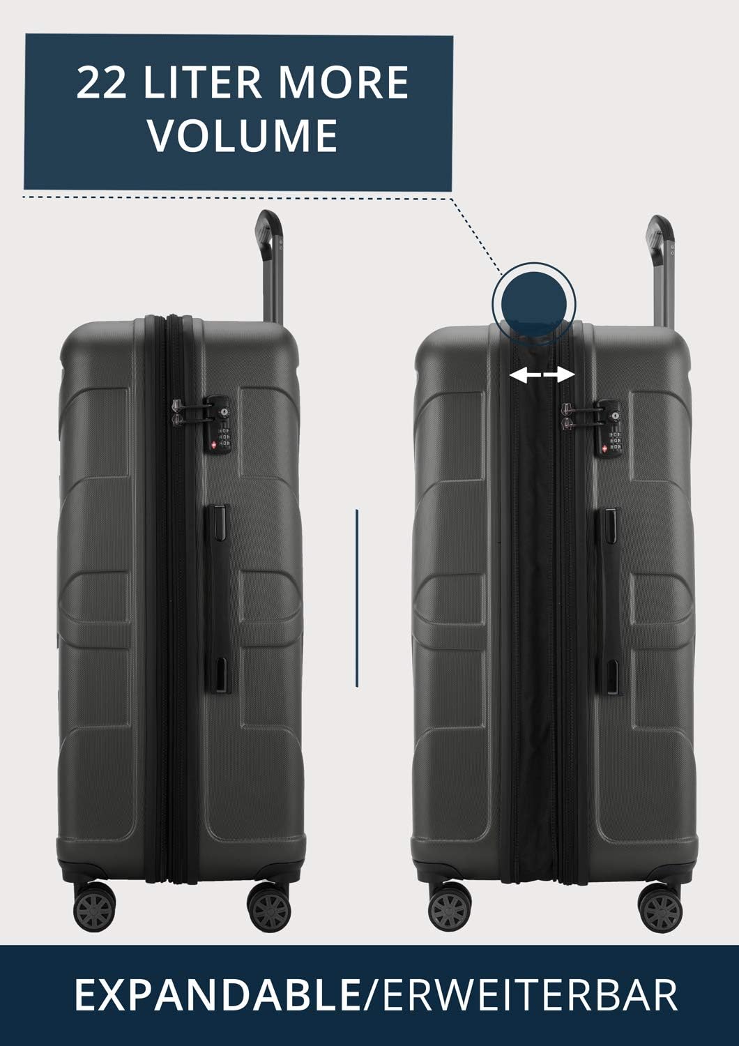 Suitline Grote koffer 76 x 53 x 31 cm ABS harde schaal uitbreidbaar (96-110 L) met TSA slot 4 dubbele wielen telescopische handgreep trolley, Grafiet