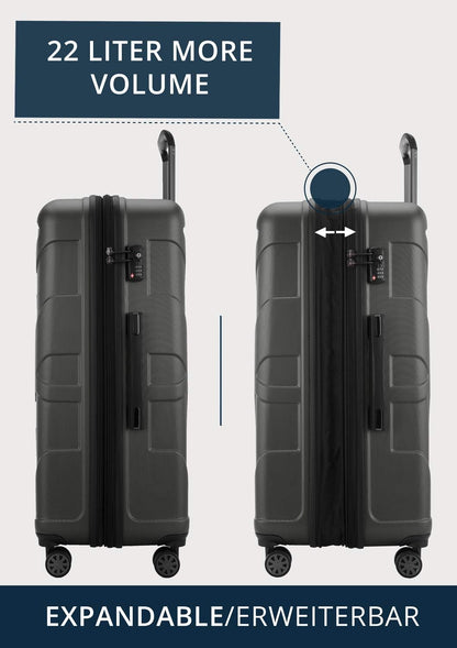 Suitline Grote koffer 76 x 53 x 31 cm ABS harde schaal uitbreidbaar (96-110 L) met TSA slot 4 dubbele wielen telescopische handgreep trolley, Grafiet