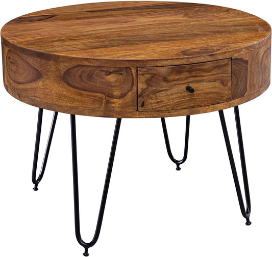 Ronde Salontafel – Bijzettafel – Woonkamertafel – Houten Tafel – Tafeltje – Massief Sheesham Hout – Met Twee Lades – Stalen Haarspeldpoten 60x44,5 cm - QUORE