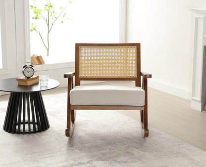 chairus Upholstered Rocking Chair for Living Room Linen Relax Chair with Rattan Backrest Leisure Lounge Recliner with Solid Wood Legs Bedroom (Brown)
