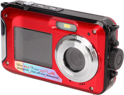 Onderwatercamera, 2,7 K 48MP 10ft Waterdichte Digitale Camera, 16X Digitale Zoom, Dubbele Scherm Selfie Onderwatercamera voor Snorkelen (rood)