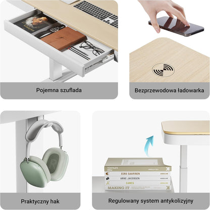 Wiltec desk table height adjustable with 1 motor charging station, memory function, collision protection and sit/stand memory 1180 x 600 mm - QUORE