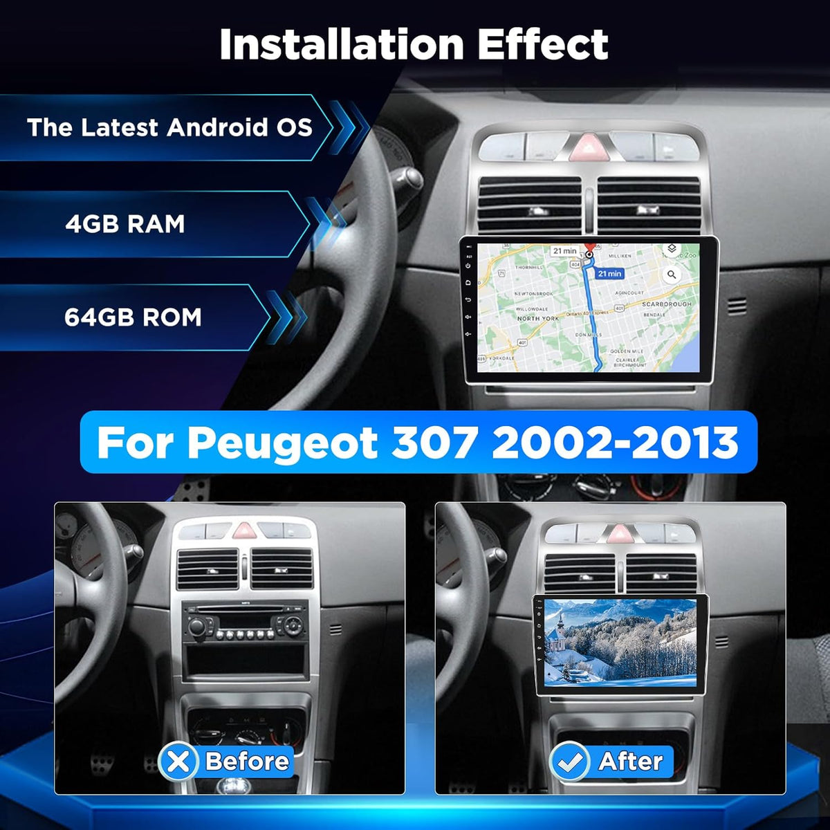 4+64G Android Autoradio voor Peugeot 307 2002-2013, 9 Inch IPS 1280×720 Touchscreen Stereo met Wireless CarPlay & Android Auto, GPS WiFi Bluetooth DSP + AHD Achteruitrijcamera