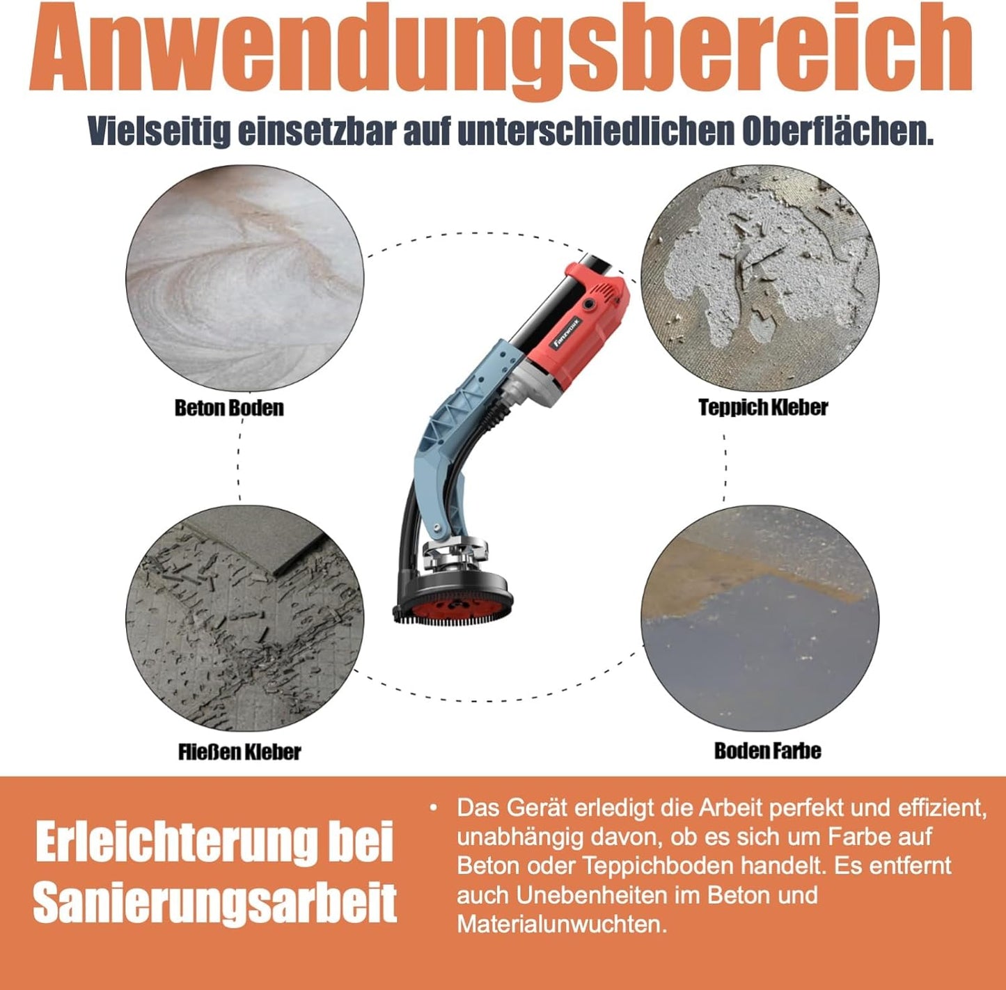 FANZWORK Betonschuurmachine, 1010 W, met telescoopstang tot 1,20 m, inclusief diamantslijpkop van 125 mm en draagtas, instelbare snelheid, ideaal voor het gladmaken van beton