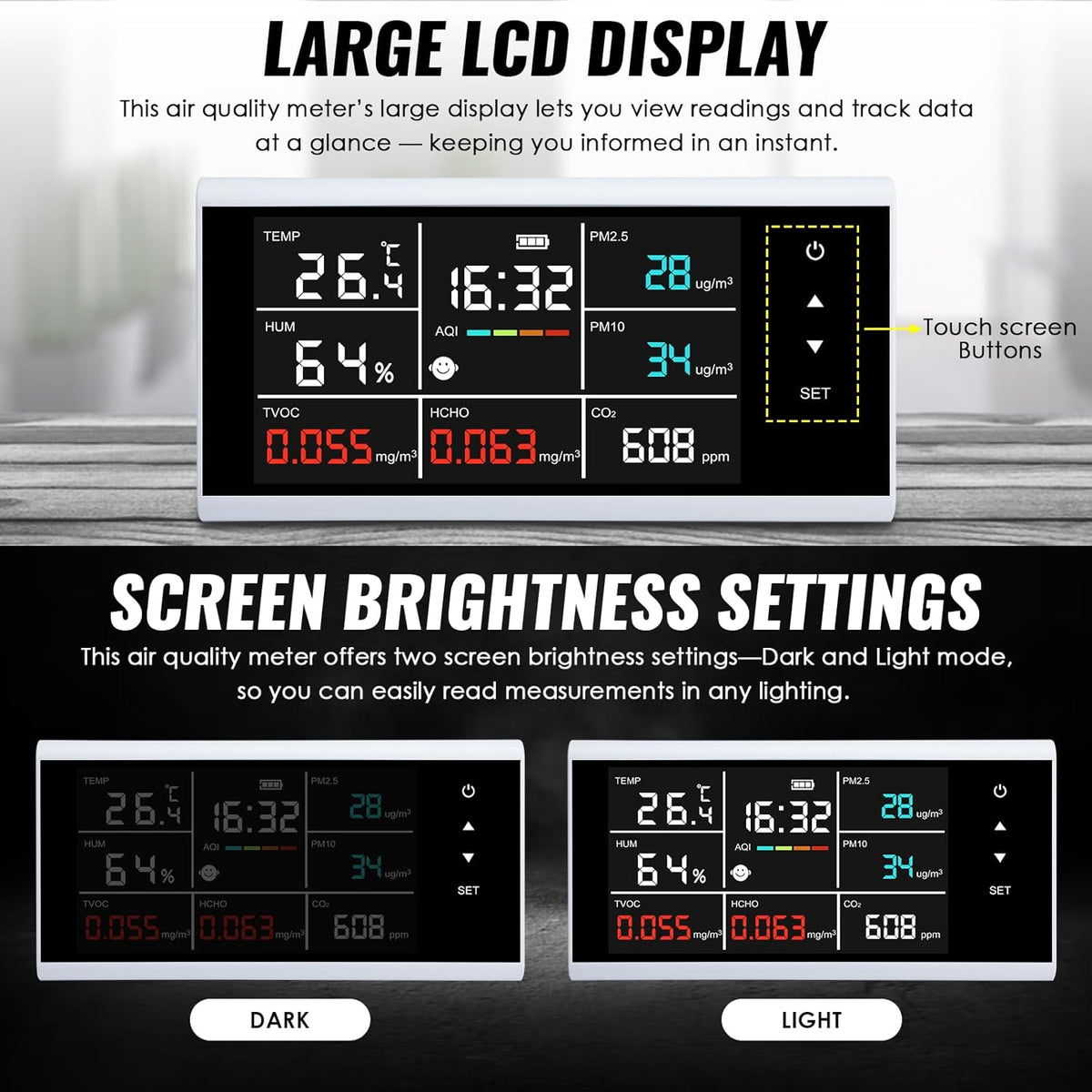 9-in-1 slimme luchtkwaliteitsmonitor, CO2, PM2.5, PM10, HCHO, TVOC, temperatuur, vochtdetector, touchscreen-display, luchtkwaliteitstester, real-time monitor, luchtvervuilingssensor, oplaadbaar