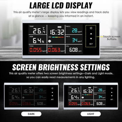9-in-1 slimme luchtkwaliteitsmonitor, CO2, PM2.5, PM10, HCHO, TVOC, temperatuur, vochtdetector, touchscreen-display, luchtkwaliteitstester, real-time monitor, luchtvervuilingssensor, oplaadbaar