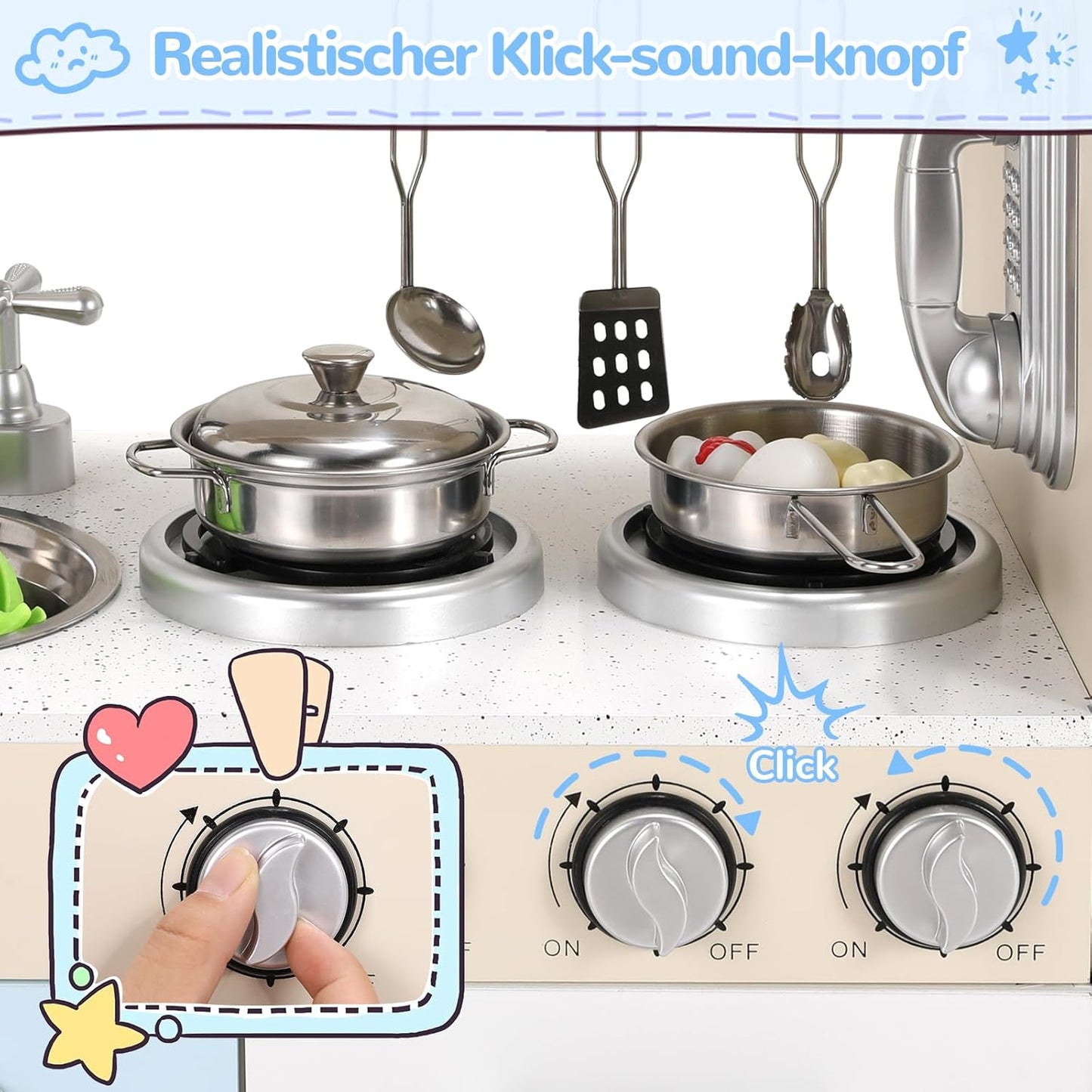 Speelkeuken - Speelgoedkeuken - Keukenset - met Casten - RVS Pot - Keukengerei - voor 3-6 jaar - Peuters - Solide Structuur - Oneindige Verbeelding - Educatieve Waarde - Leuke Interactie - Hout - 74 x 29 x 81.5 cm - Blauw