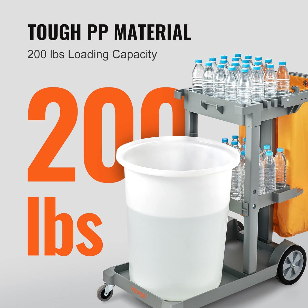 VEVOR Professional Household Cart, 3 Floors, Cleaning Trolley, Polypropylene Washing with PVC Bag, Maintenance Car, Load, 90.7 kg, Liquid Movement, Storage, Maintenance Tools, Office, Hotel, Grey