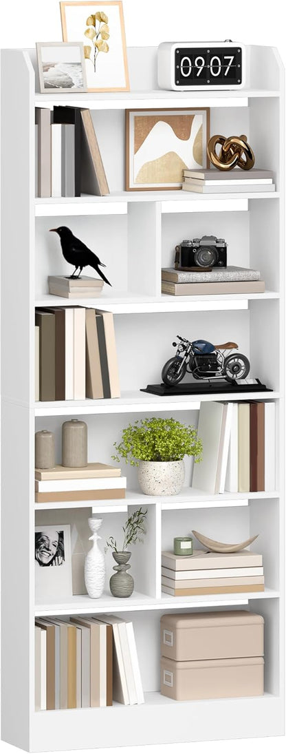 Hzuaneri Bookcase and Bookshelf with 7 Layers, Freestanding Display Organizer with 8 Divided Sections, for Home Office, Living Room and Bedroom, 24 x 60 x 199cm, White, BC11703X