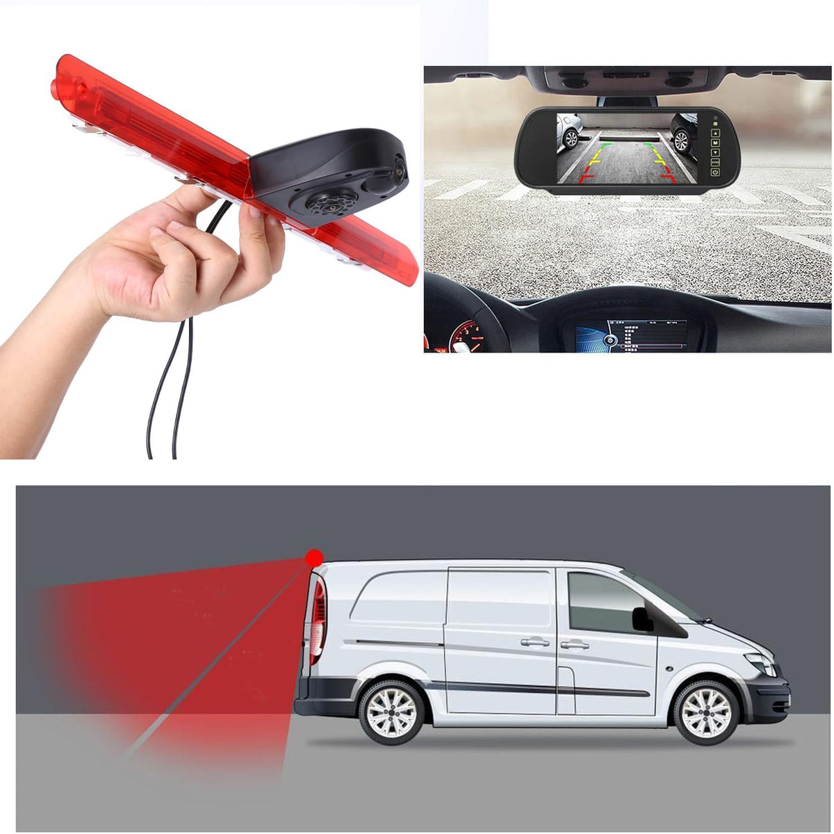 HD Auto IP68 1280Pixels Transporter Remlicht Dak Achteruitrijcamera Achteruitrijcamera met dubbele lens Camera met verstelbare hoek Compatibel met Mercedes Benz Vito/Tourer/Mixto/Panel VanKasten