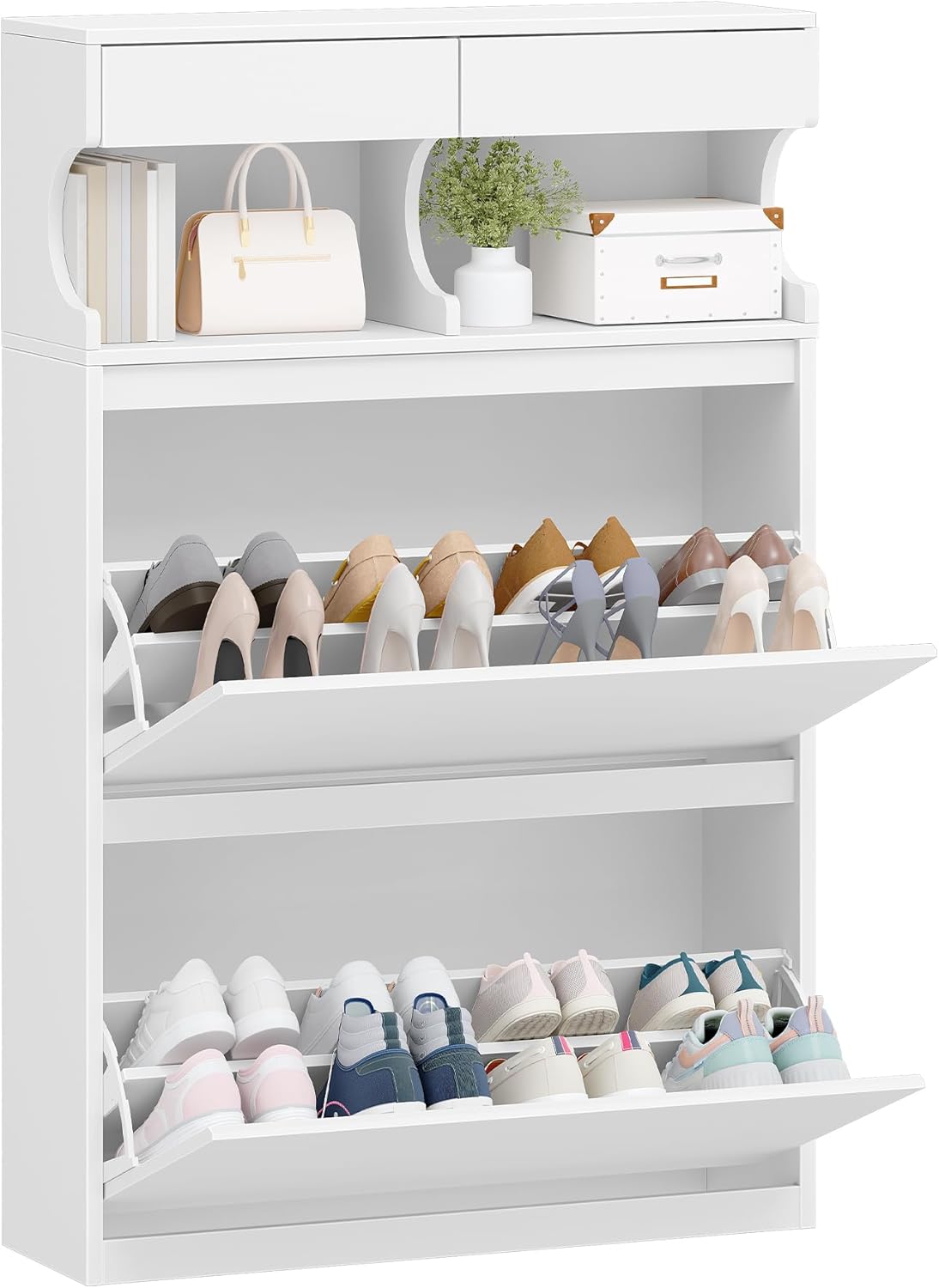 Hzuaneri Shoe Cabinet, Shoe Cabinet with 2 Flaps, 12-16 Pairs, Adjustable Divider, Large Capacity for Entrance, Hallway, Bedroom, White SR45303X