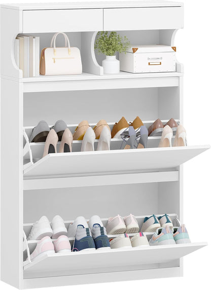 Hzuaneri Shoe Cabinet, Shoe Cabinet with 2 Flaps, 12-16 Pairs, Adjustable Divider, Large Capacity for Entrance, Hallway, Bedroom, White SR45303X
