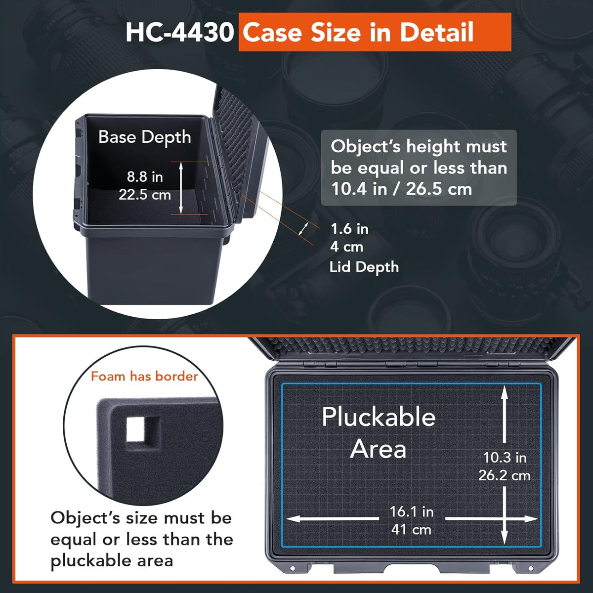 Lykus HC-4430 Harde koffer, waterdicht, met aanpasbaar schuim, binnenmaat 44 x 29 x 26,5 cm, geschikt voor elektronica en meer