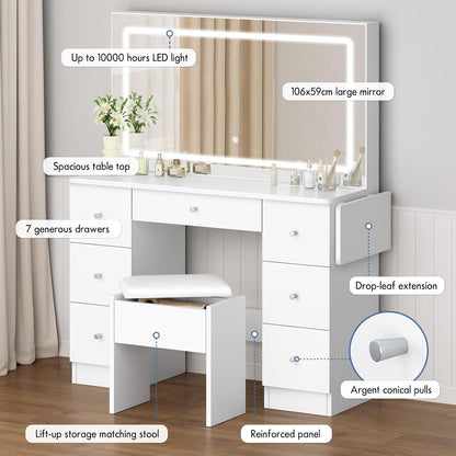 Make-uptafel – Kaptafel – Make-up Meubel – Schminktafel – Make-up Bureau – 7 Laden Opbergruimte – 3 Kleurverlichting Met USB & Stopcontact